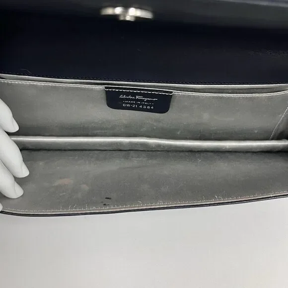 Vintage Salvatore Ferragamo Leather‎ Shoulder Bag or Clutch Navy Blue Rectangle - Picture 11 of 15